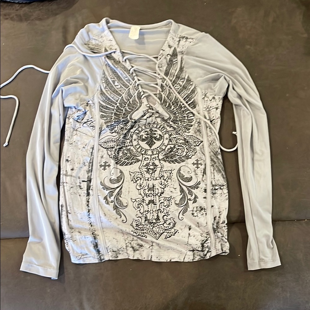 Gray Graphic Lace-Up Women's Top